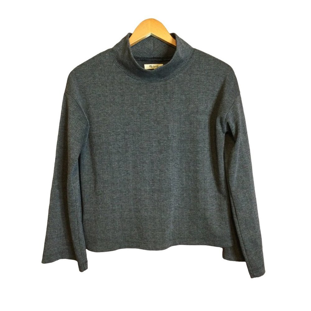 Madewell Women's Mock Neck Glen Plaid Top Wide Sleeve Gray Size XXS